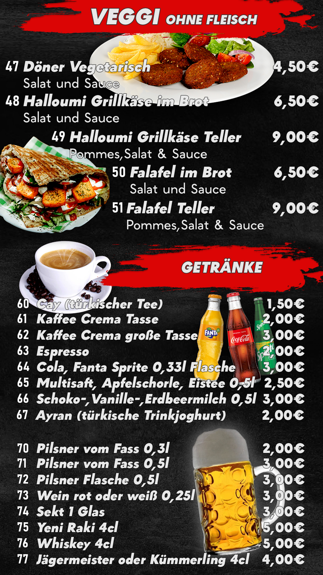 Vegetarische Gerichte, Halumi, Falafel und Getränke